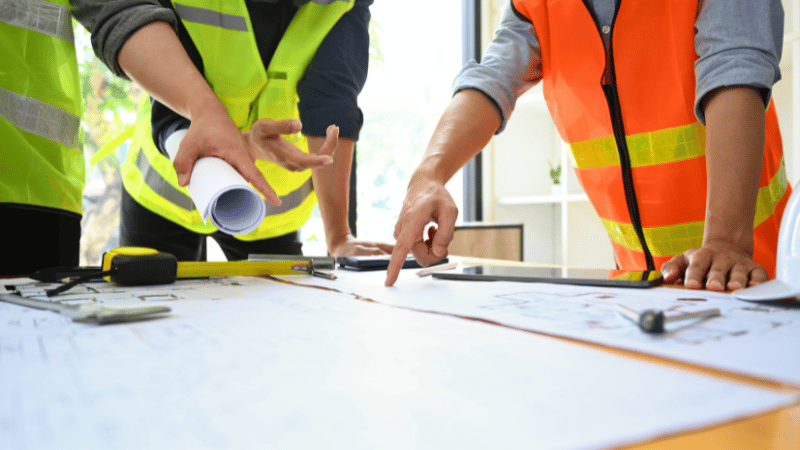 Two construction professionals in safety vests review architectural blueprints on a table, representing the planning stage for a project that will require asset finance.
